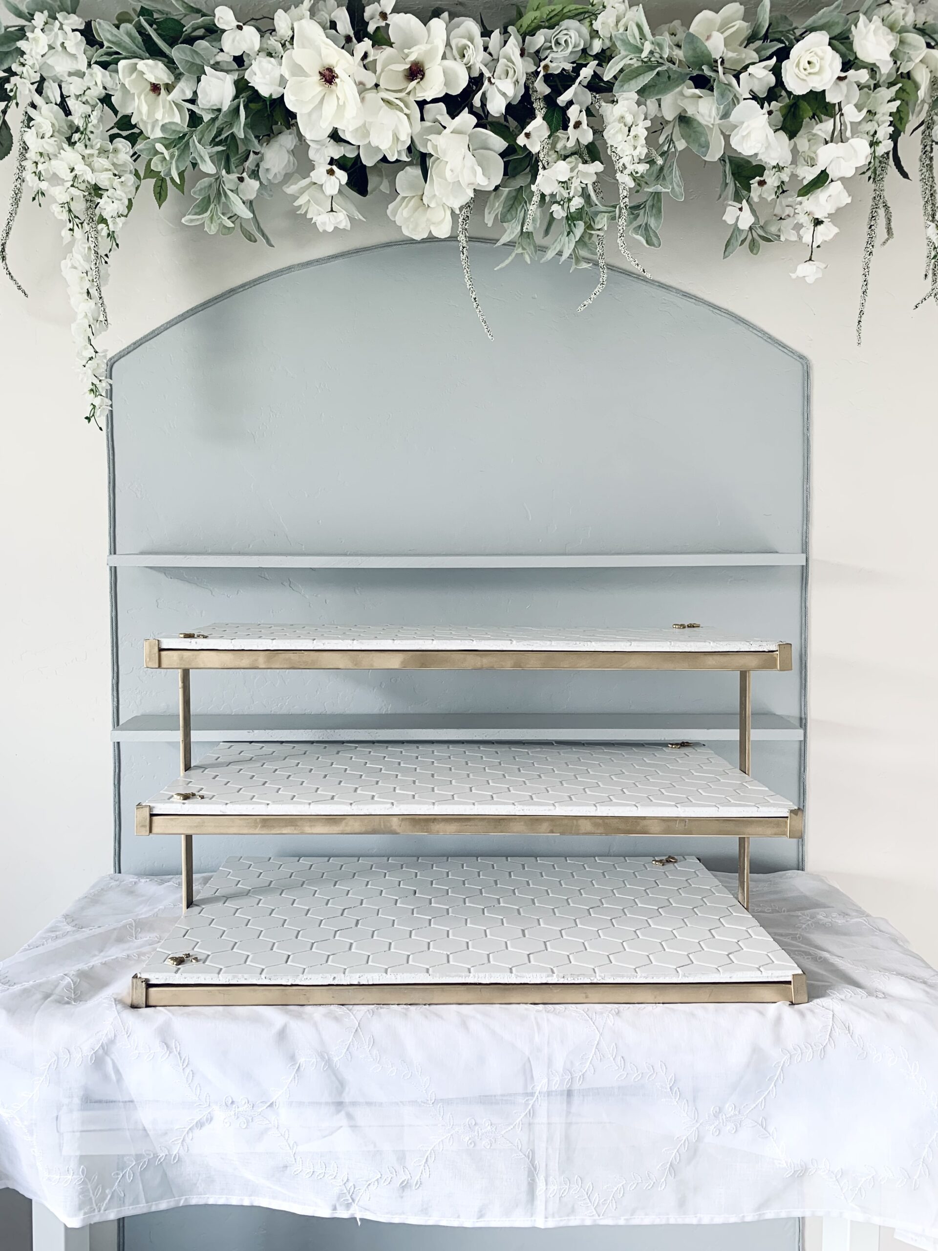 Three-tier gold honeycomb display ideal for up to 200 standard cupcakes/macarons or 400 minis. $75